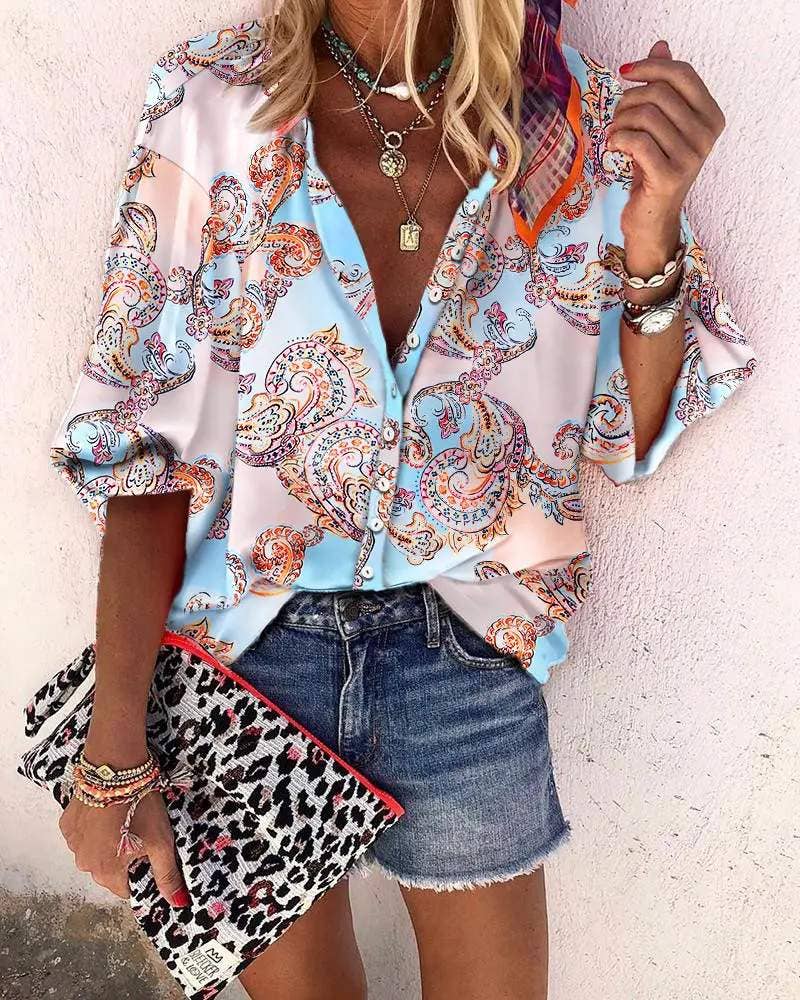 MULTICOLOR baroque print lantern sleeve button down shirt for wholesale on Faire4