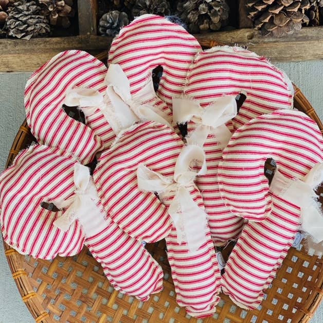 A Gnome on the Roam - Wholesale Christmas Decoration - Fabric Candy Canes in red and white ticking and ribbon6