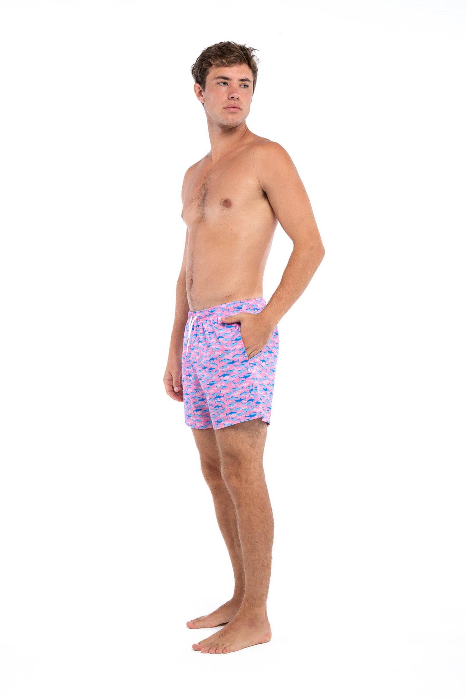 Bermies - Wholesale Boardshort - Heren - Bermies roze zwembroek met haaienprint - 15 cm met inzetstuk5
