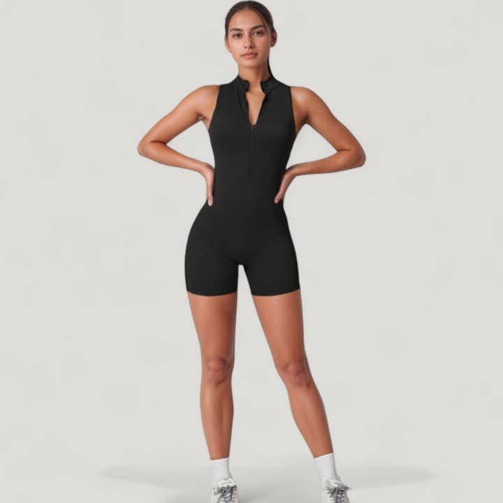 Active by Anna-Kaci - Wholesale Romper - Women's - Sleeveless Zip Front Active Romper with High Neck and Fitted2
