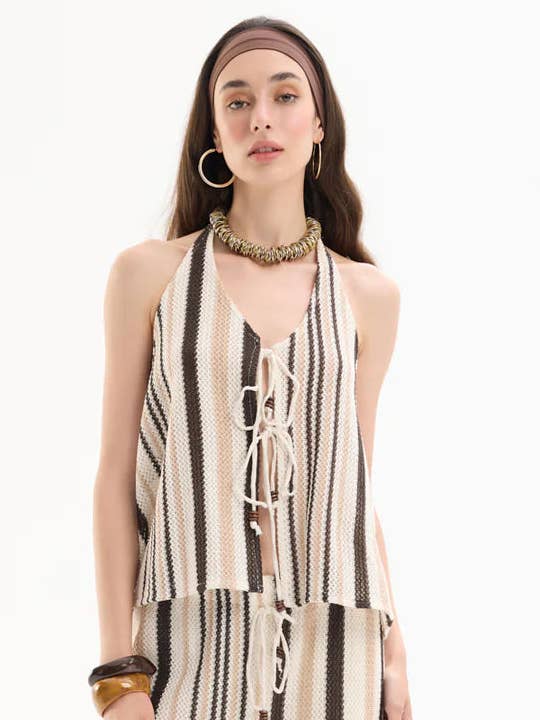 Striped Halter Blouse – Braided Tie & Bead Detail for wholesale by SoulofMu