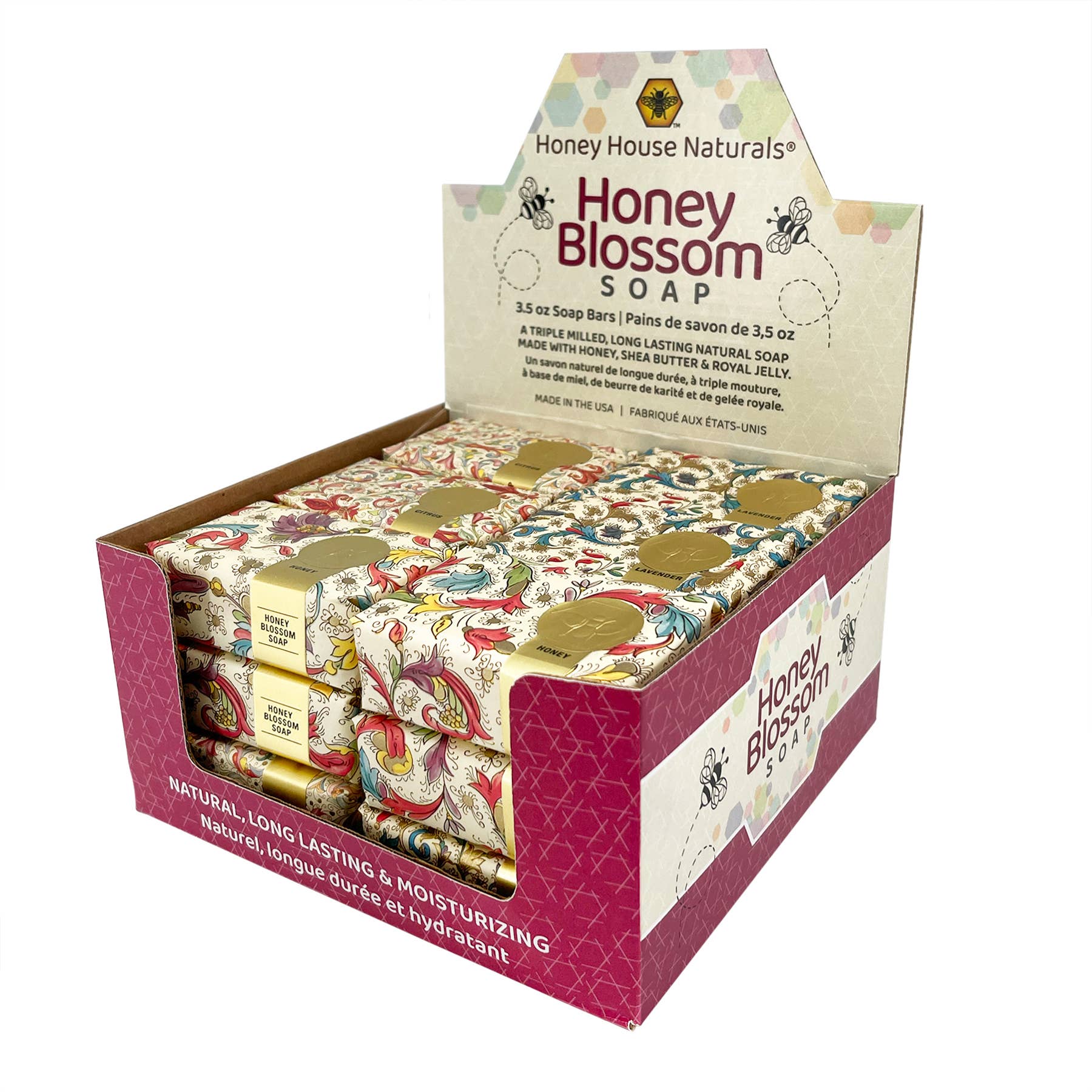 Honey House Naturals - Wholesale Bar Soap - Florentine Paper Wrapped Soap Display - 18ct7