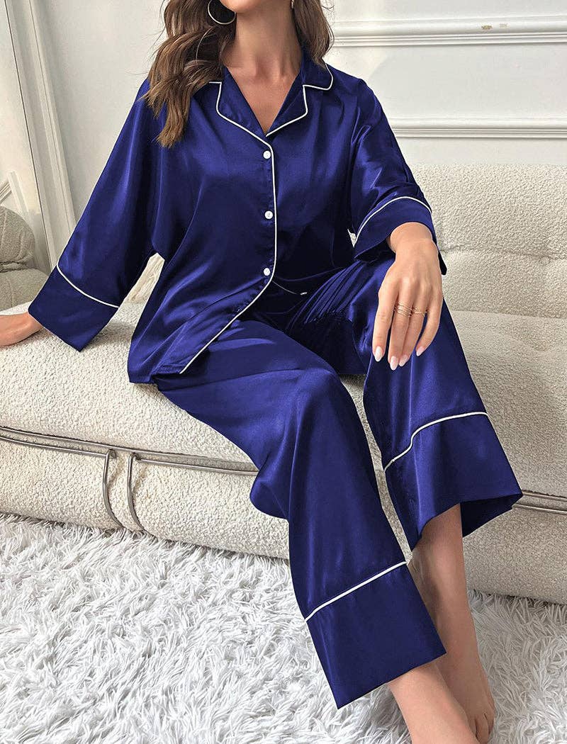 safistyle - Wholesale Sleepwear Set - Women's - Contrast Piping Button-Up Top and Wide-Leg Pants Set5