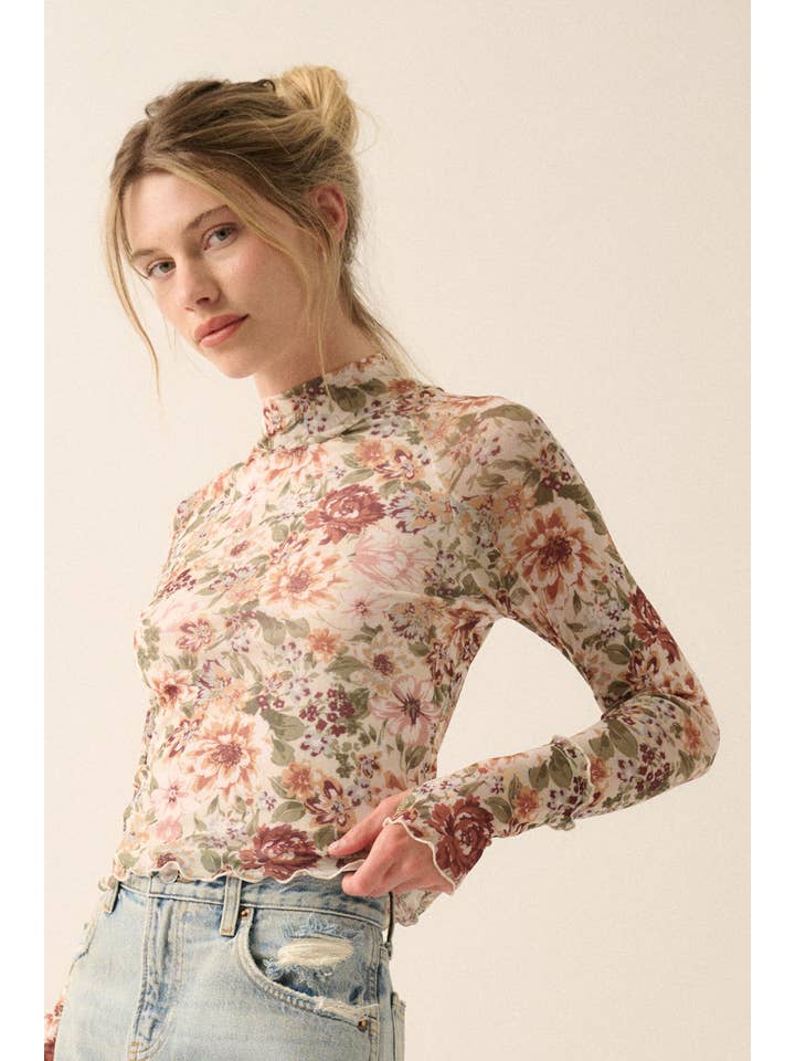 Cream Floral Mesh Lettuce-Edge Thumbhole High-Neck Top for wholesale on Faire5