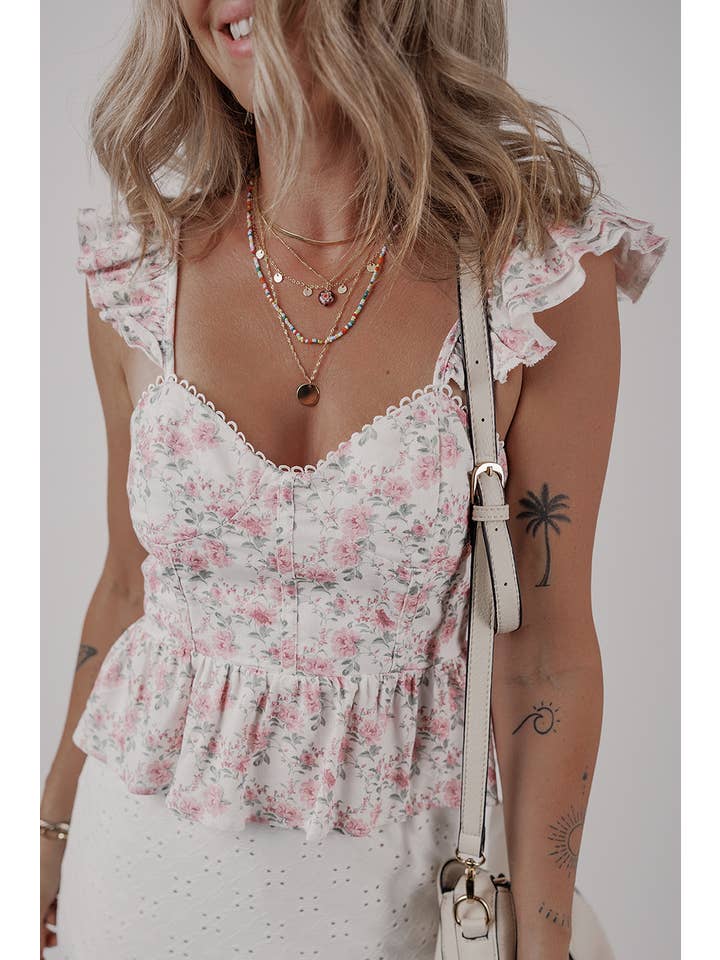 Pink Floral Flutter Peplum Tank Top for wholesale on Faire