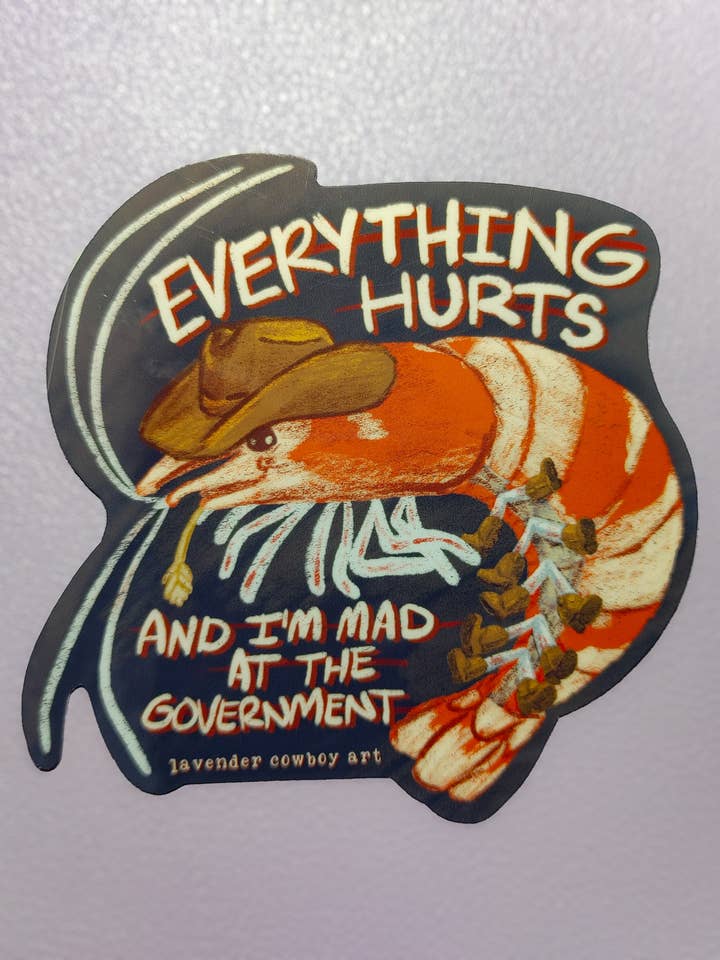 Tutto fa male e sono arrabbiato con il governo adesivo in vinile per la vendita all'ingrosso da parte di Lavender Cowboy Art