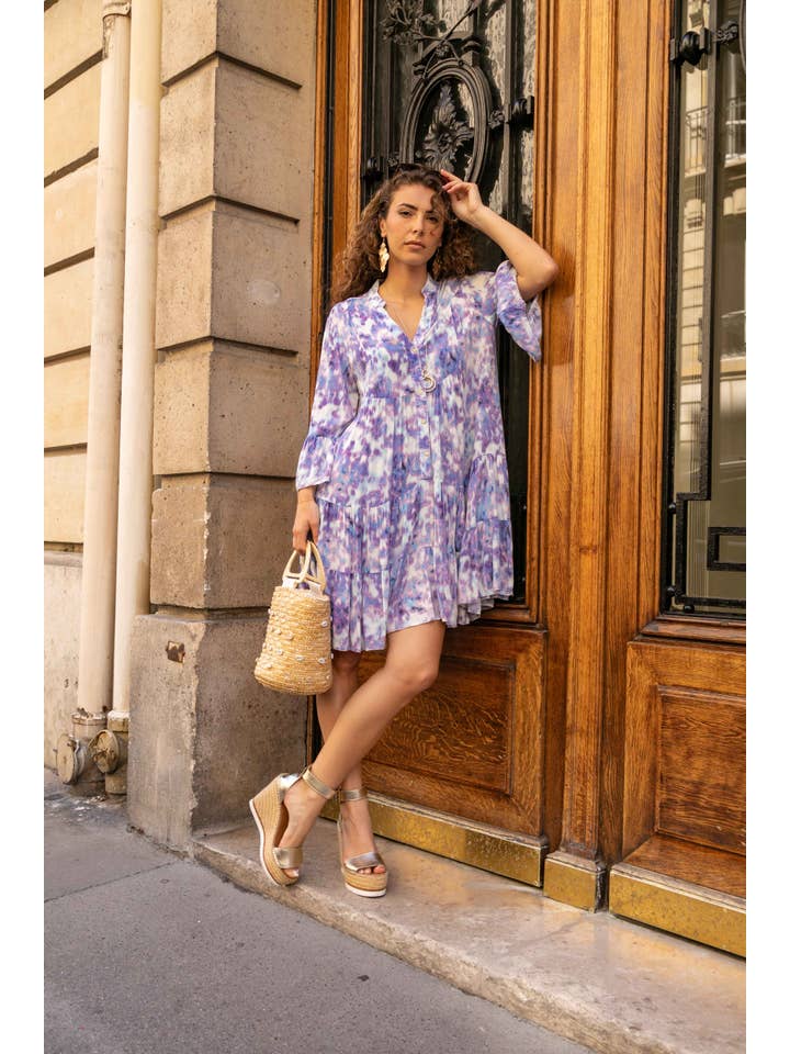 Azul Vestido midi estampado, corte holgado y acampanado, cuello en V, de venta al por mayor en Faire