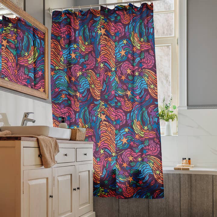 Rainbow Starry Night Shower Curtain for wholesale by Merry May