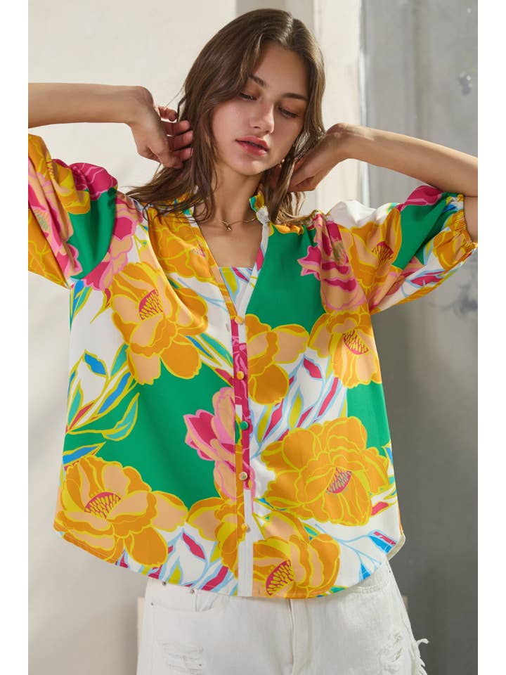 Oddi - Wholesale Button Down Shirt - Women's - Floral Printed Blouse