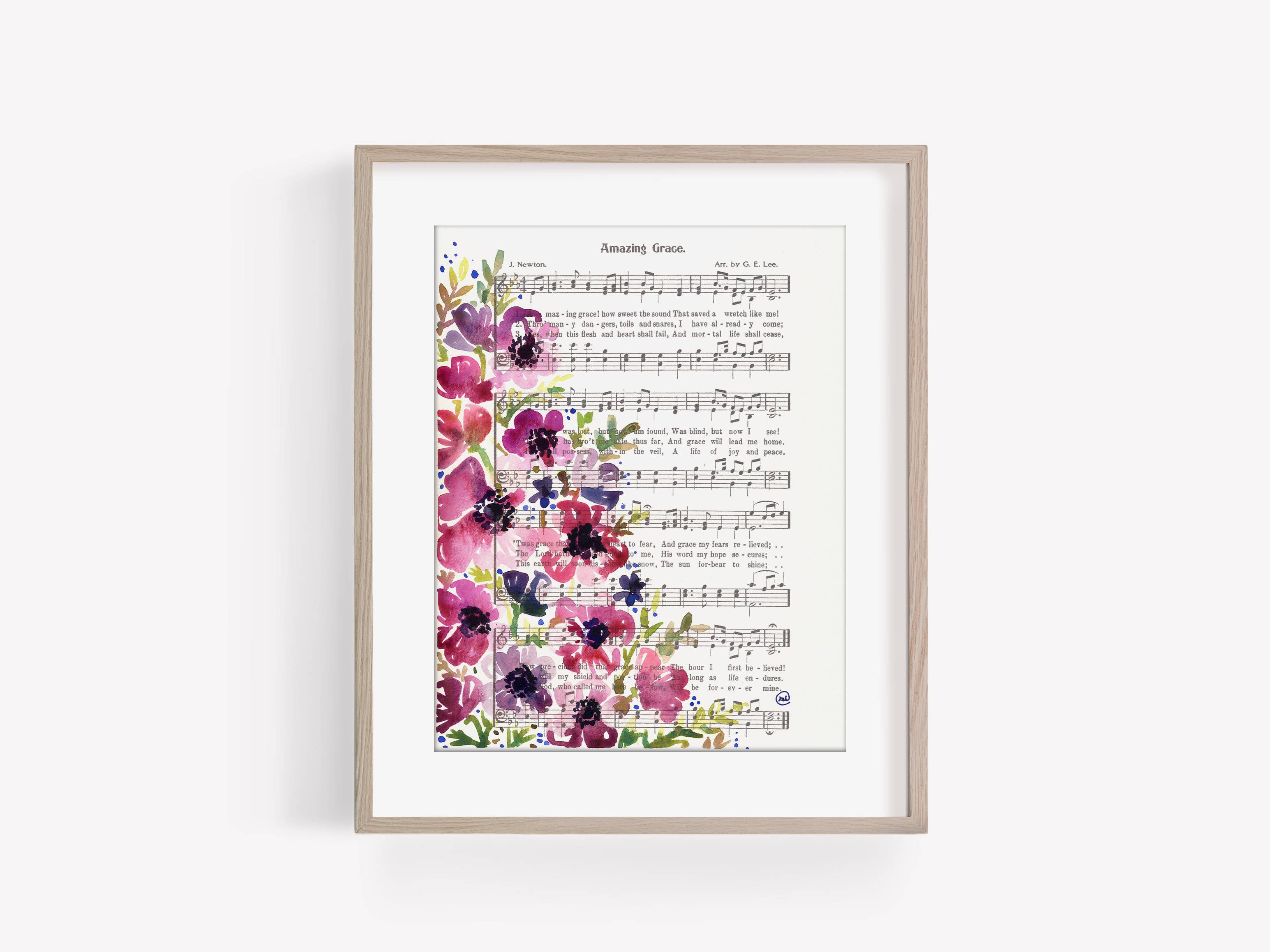 Marydean Draws - Wholesale Art Print - “Amazing Grace” Pink Floral Hymn Print, 8×10 + 11×141