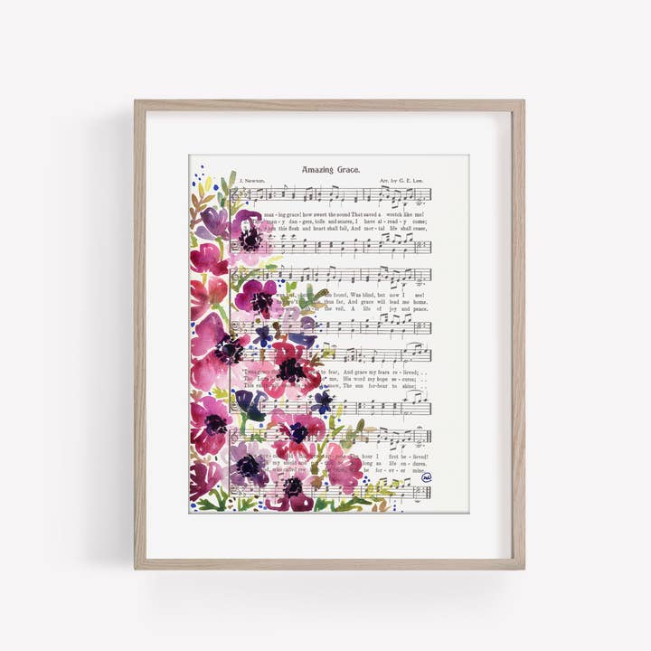 Marydean Draws - Wholesale Art Print - “Amazing Grace” Pink Floral Hymn Print, 8×10 + 11×141