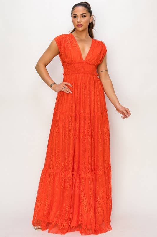 Miss Avenue - Vente Robe – femme - Robe longue volantée à col en V et à manches courtes en dentelle DM31071