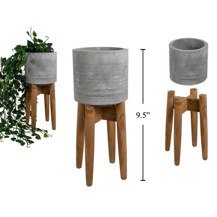 Truu Design - Wholesale Plant Pot - Concrete Planter with Wood Stand, Two Sizes 5x5x8"&4x4x10"