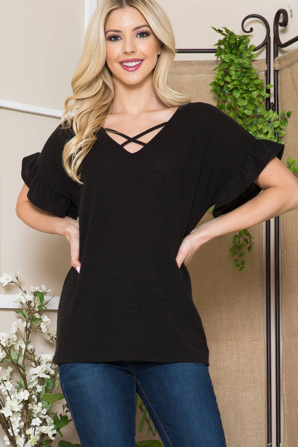 Orange Farm Clothing - Wholesale Blouse - Women's - Textured Ruffle Sleeve with X Detail- 2 Colors2