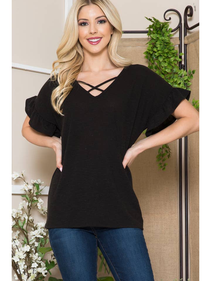 Orange Farm Clothing - Wholesale Blouse - Women's - Textured Ruffle Sleeve with X Detail- 2 Colors2