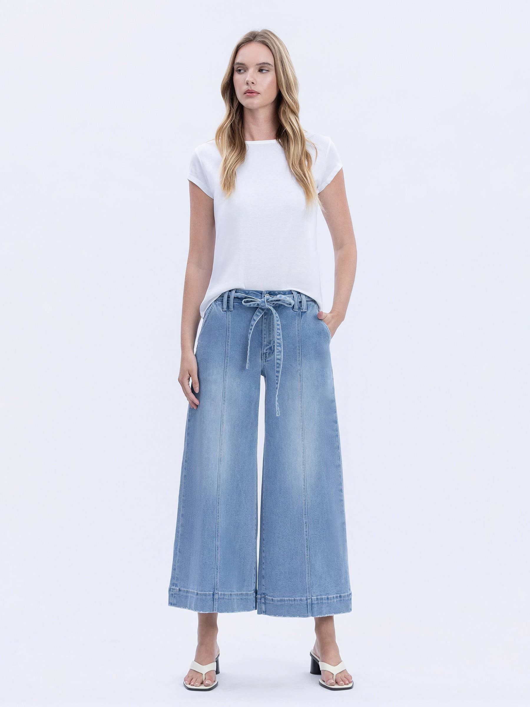 FLUSTER HIGH RISE TIE WAIST CROP PALAZZO JEANS T6906 for wholesale on Faire5