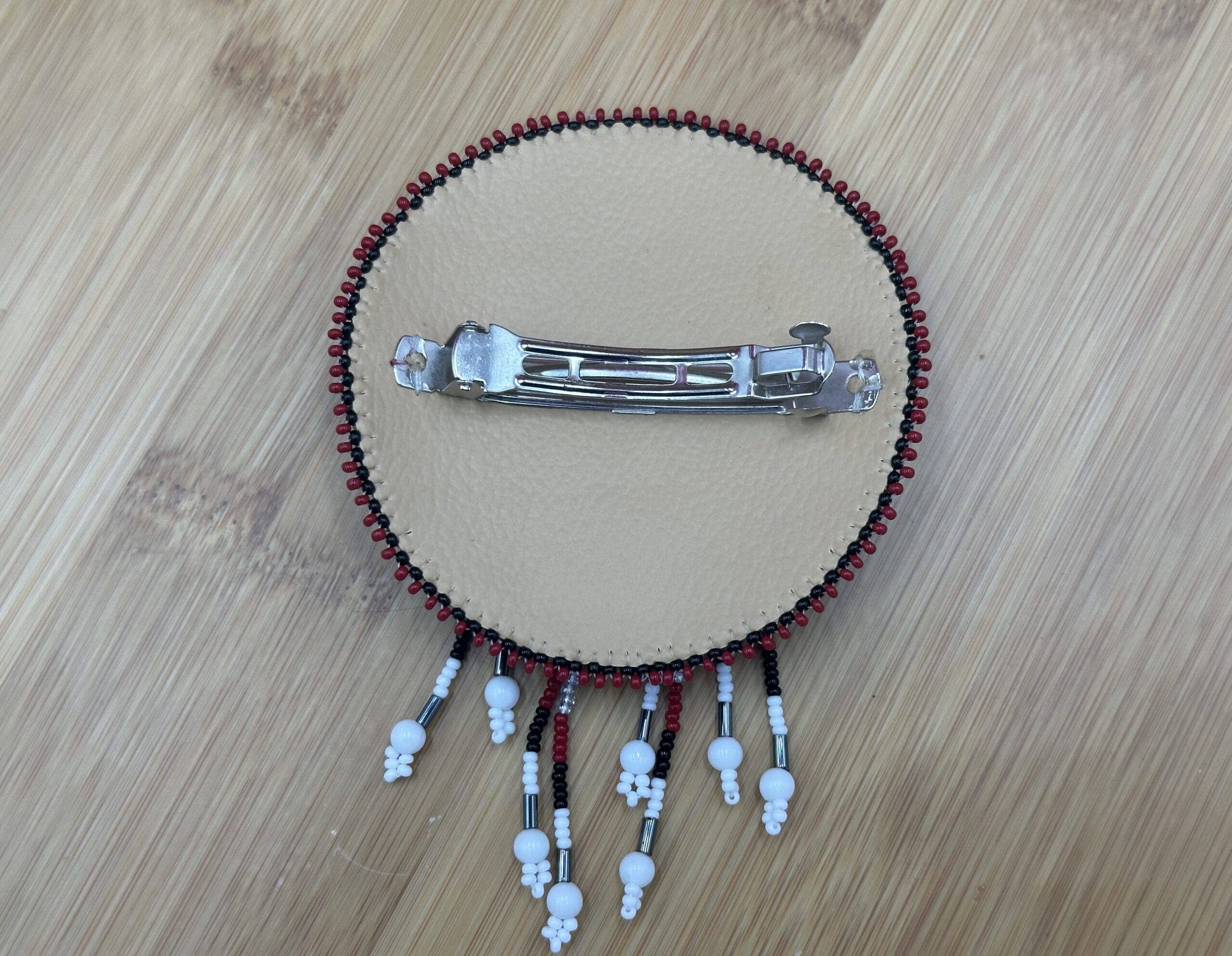 BEADS CORNER – wholesale Barrette – Women’s – Handcrafted Flower Pattern Red Black French Barette with Czech Beads and Suede Leather, 4.5 inch Diameter3