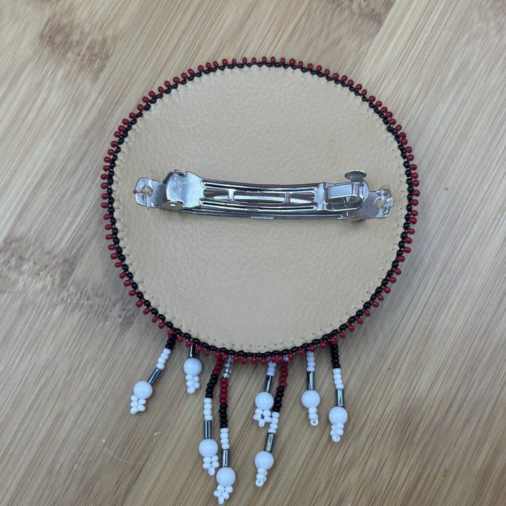 BEADS CORNER – wholesale Barrette – Women’s – Handcrafted Flower Pattern Red Black French Barette with Czech Beads and Suede Leather, 4.5 inch Diameter3