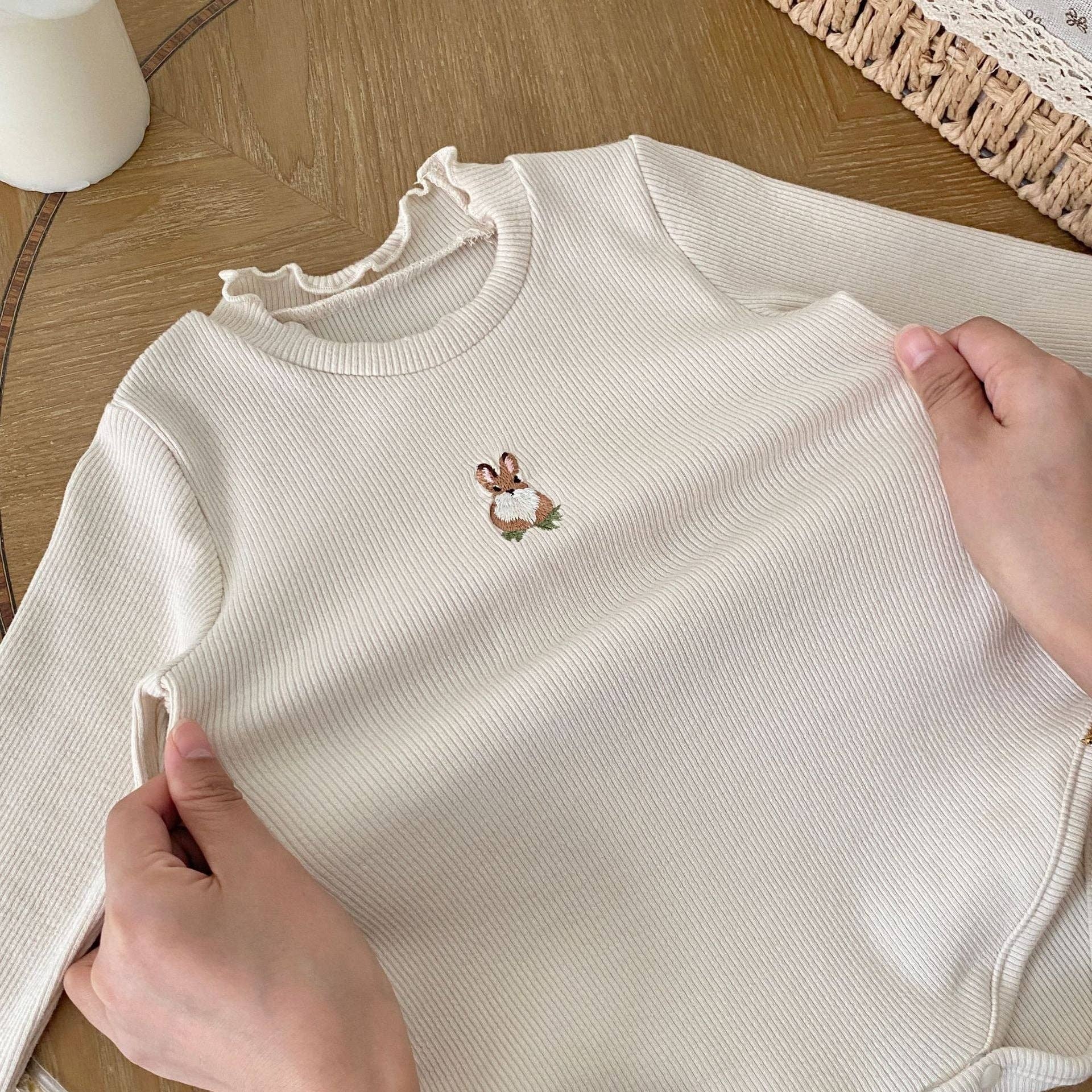 Beige Autumn Arrival Baby Girls Long Sleeves Simple Rabbit Embroidered bodysuit for wholesale on Faire7