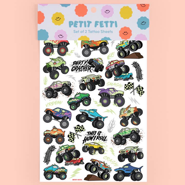 Petit Fetti - Wholesale Temporary Tattoo - Kids - Kids Monster Truck Temporary Tattoos, Car Bday Party Favors