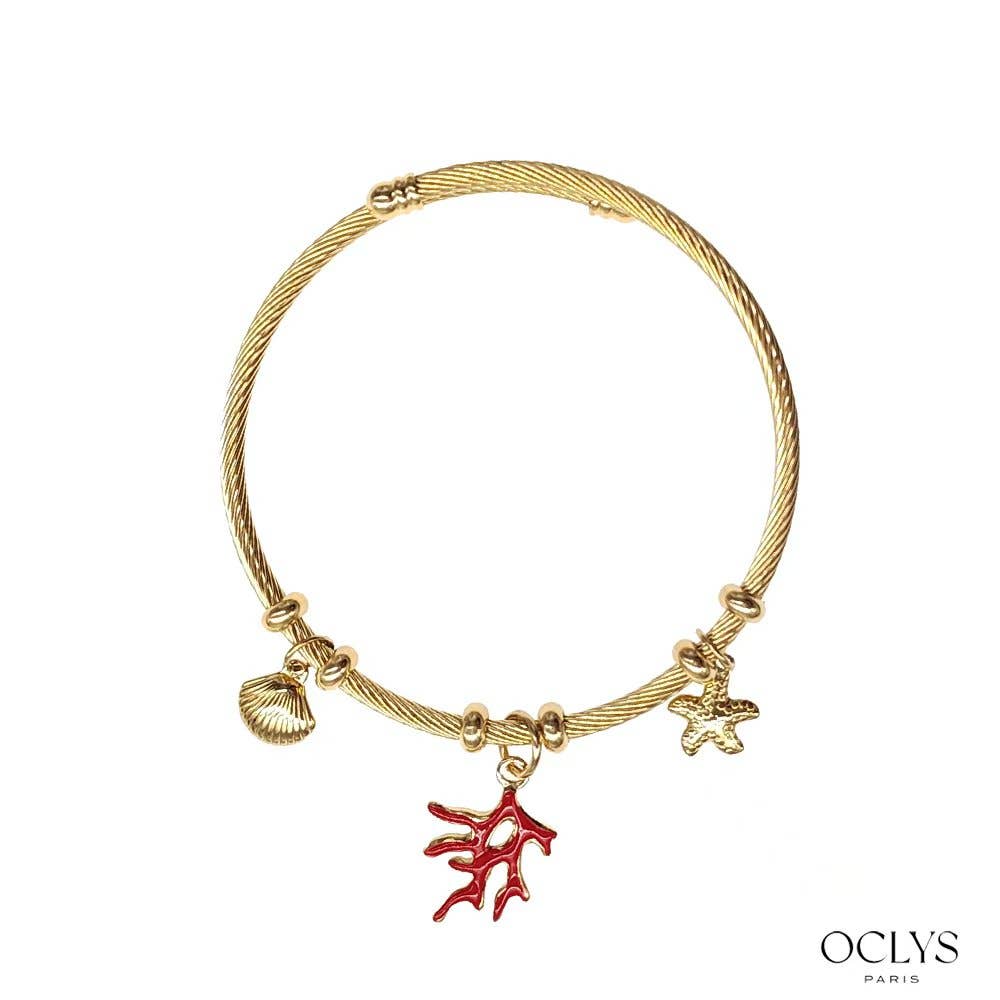 Oclys - Wholesale Charm/Dangle Bracelet - Twisted bangle bracelet with coral charms in stainless steel Livi0