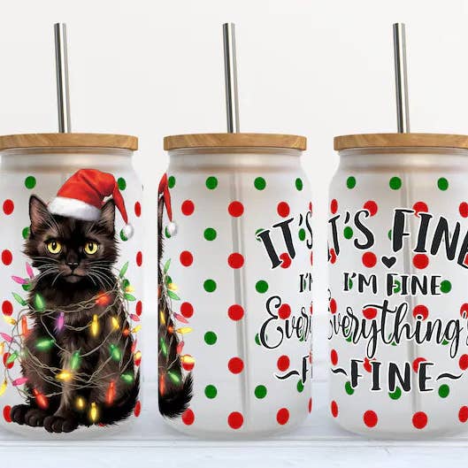 It's Fine I'm Fine Everything's Fine Christmas Cat 16oz Libbey Glass Tumbler for wholesale by Kate Haven Glass Tumblers for Every Occasion