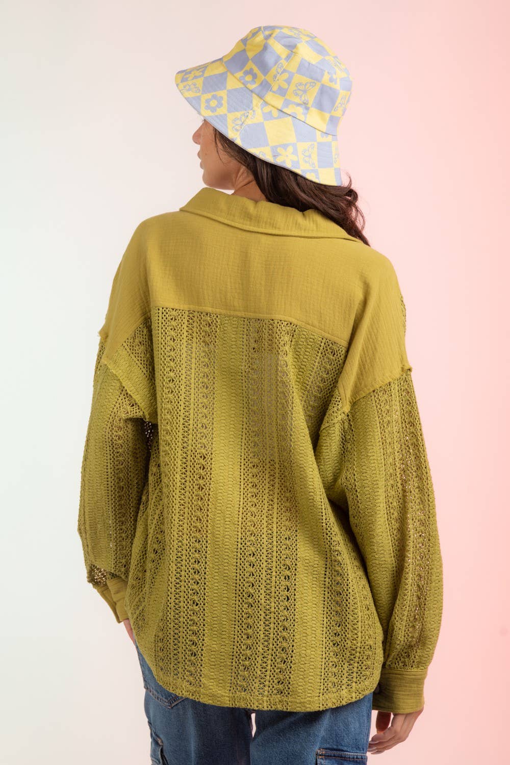 YELLOW NJ90118-Lace Crochet Button Down Sheer Shacket for wholesale on Faire2