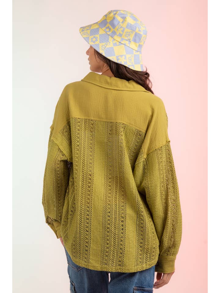 YELLOW NJ90118-Lace Crochet Button Down Sheer Shacket for wholesale on Faire2