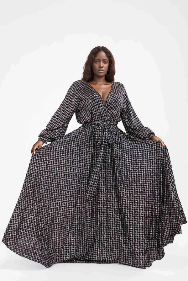 MULTI Long Sleeve Houndstooth Maxi Dress for wholesale on Faire0