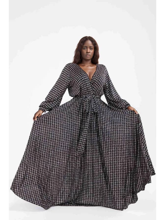 MULTI Robe maxi à manches longues à motif pied-de-poule en vente sur Faire