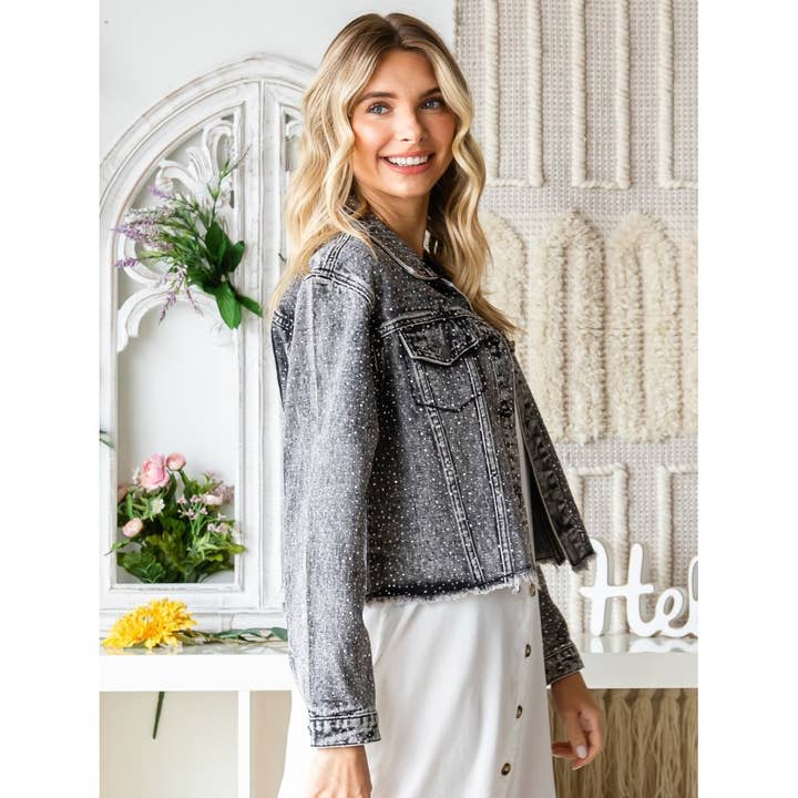 Black Sprinkle Rhinestones Crop Denim Jacket for wholesale on Faire