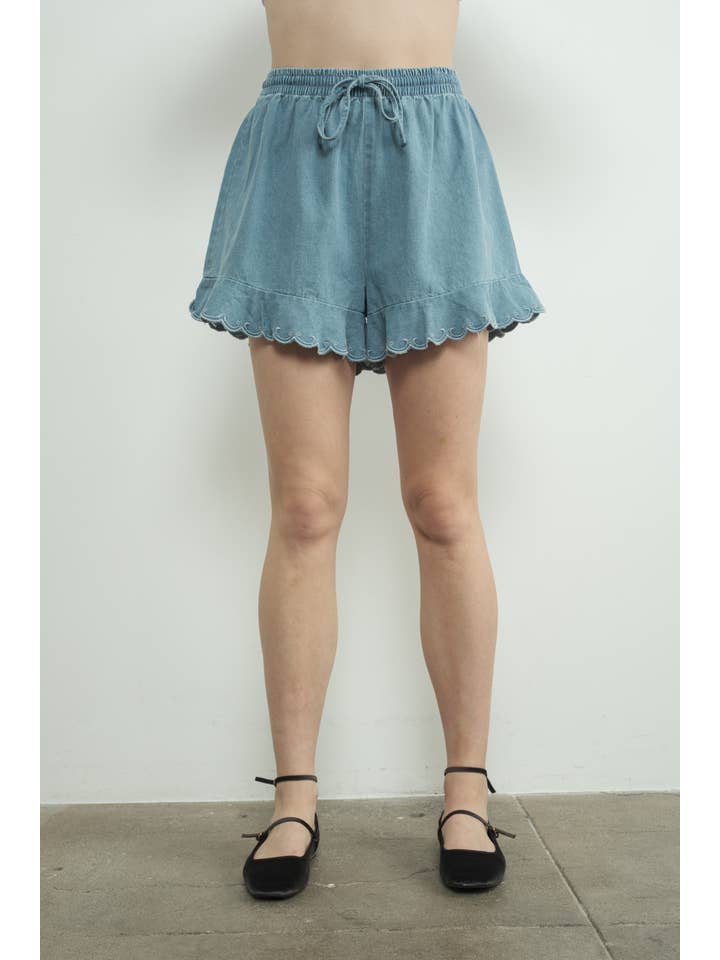DENIM MAP3110 CHAMBRAY EMBROIDERED RUFFLE HEM SHORTS for wholesale on Faire