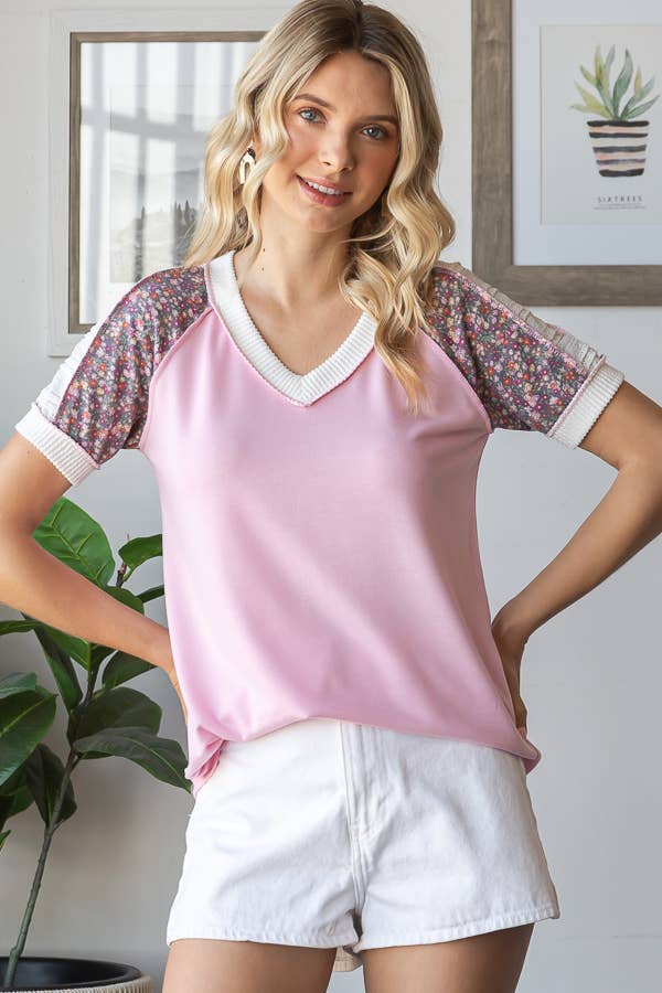 7th Ray – Großhandel Strickoberteil – Damen – Blumiges Multi-Stoff V-Ausschnitt Raglan Kurzarm-Top T593913