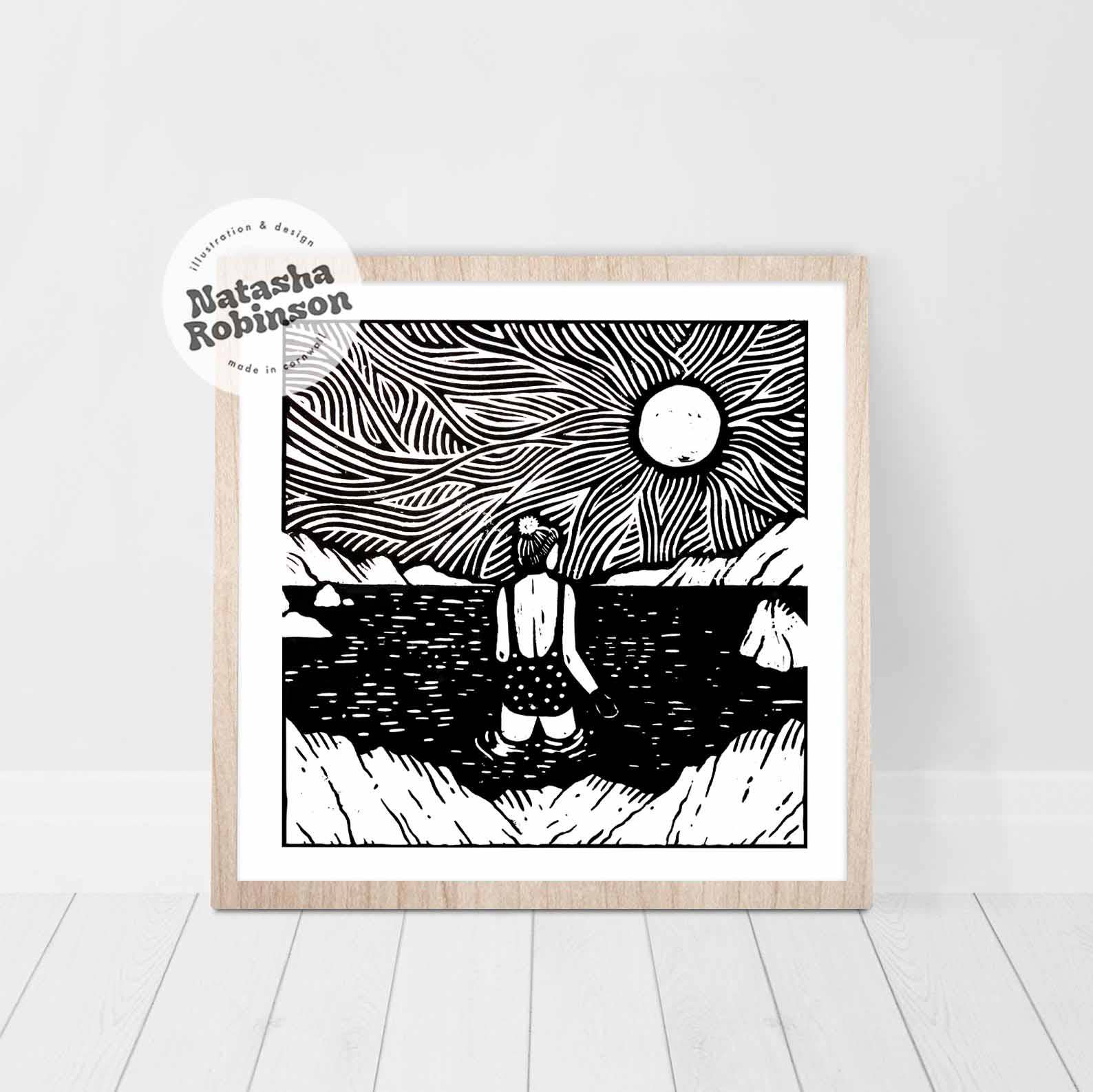 Natasha Robinson – wholesale Art print – 'A Cold Dip' Cornwall Wild Square Lino Print Wall Art1