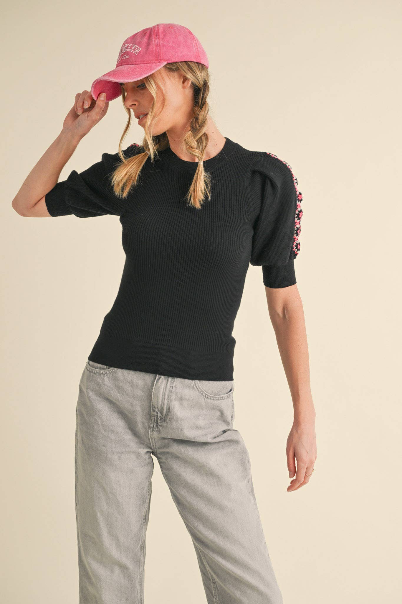 &MERCI - Wholesale Knit Top - Women's - HAND-MADE CROCHET PUFF SLEEVE SWEATER MSW1056717