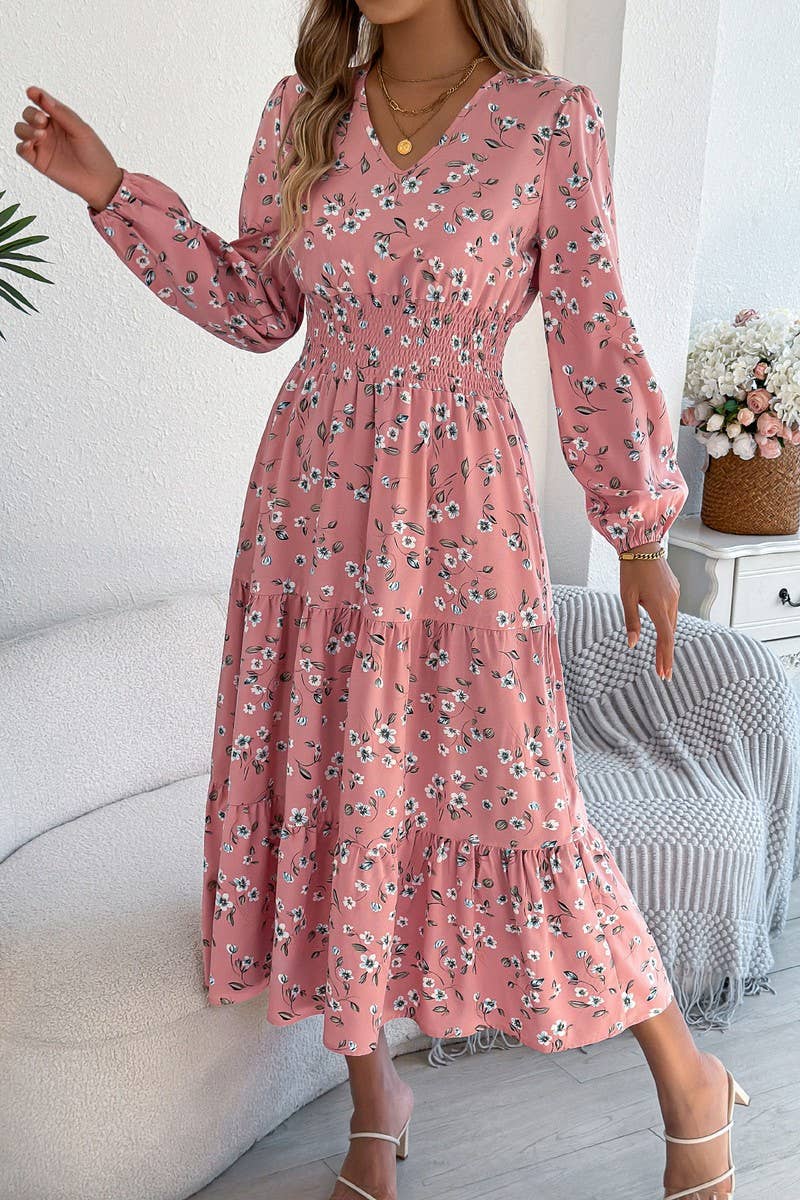 NINEXIS - Vente Robe – femme - Robe à volants à manches longues et col en V à motif floral CWDMD60287