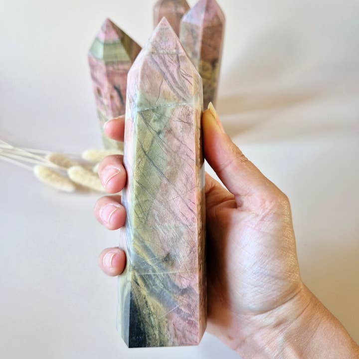 Moonlight Gemstones - Wholesale Spiritual Stone/Crystal - XL Rhodonite Tower – Powerful Healing in Pink & Black3