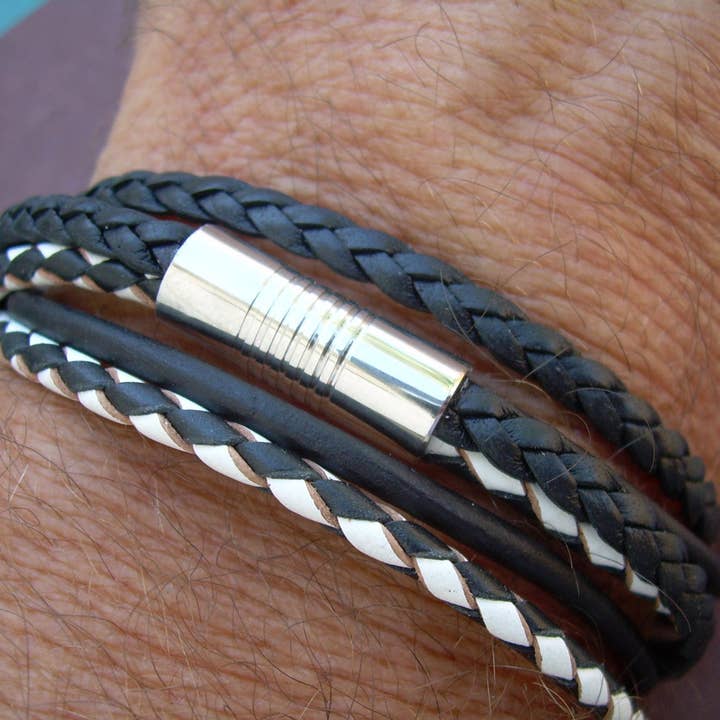 Mens Black and White Triple Strand Double Wrap Leather Bracelet, Stainless Steel Magnetic Clasp, Mens Jewelry, Mens Bracelet for wholesale by Urban Survival Gear USA
