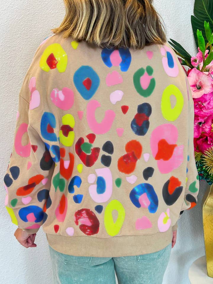 Khaki Multicolor Leopard Printed Drop Shoulder Pullover Sweatshirt for wholesale on Faire