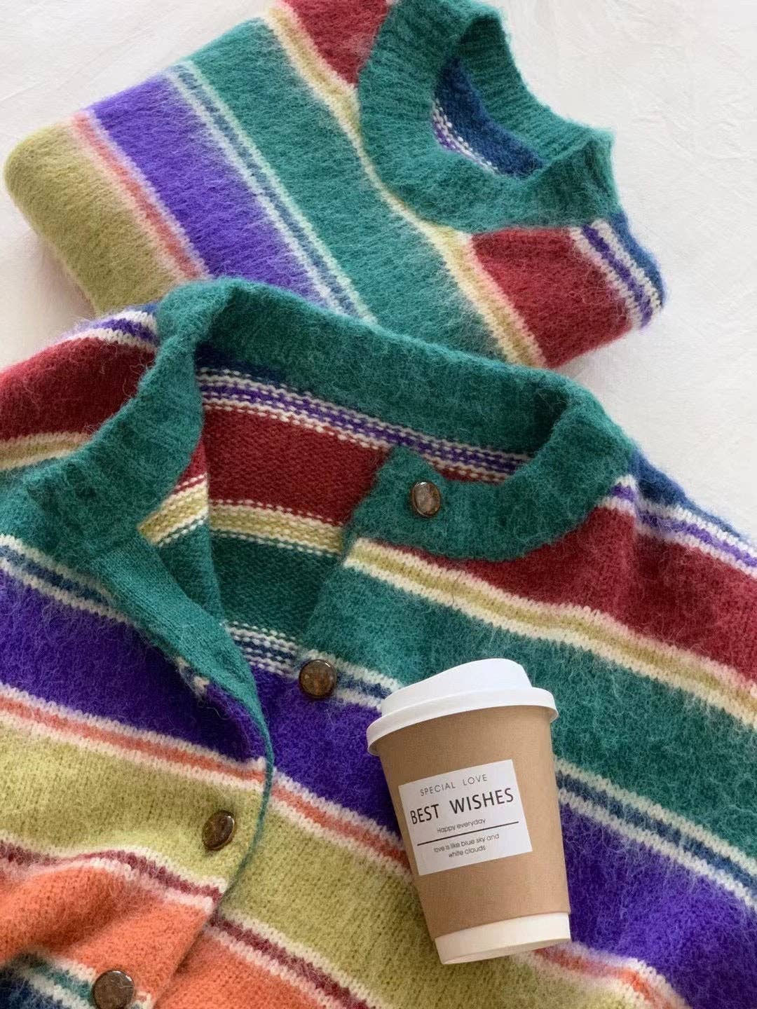 Marayn - Wholesale Cardigan - Women's - Retro Rainbow Stripe Knit Cardigan Cozy  Chic4