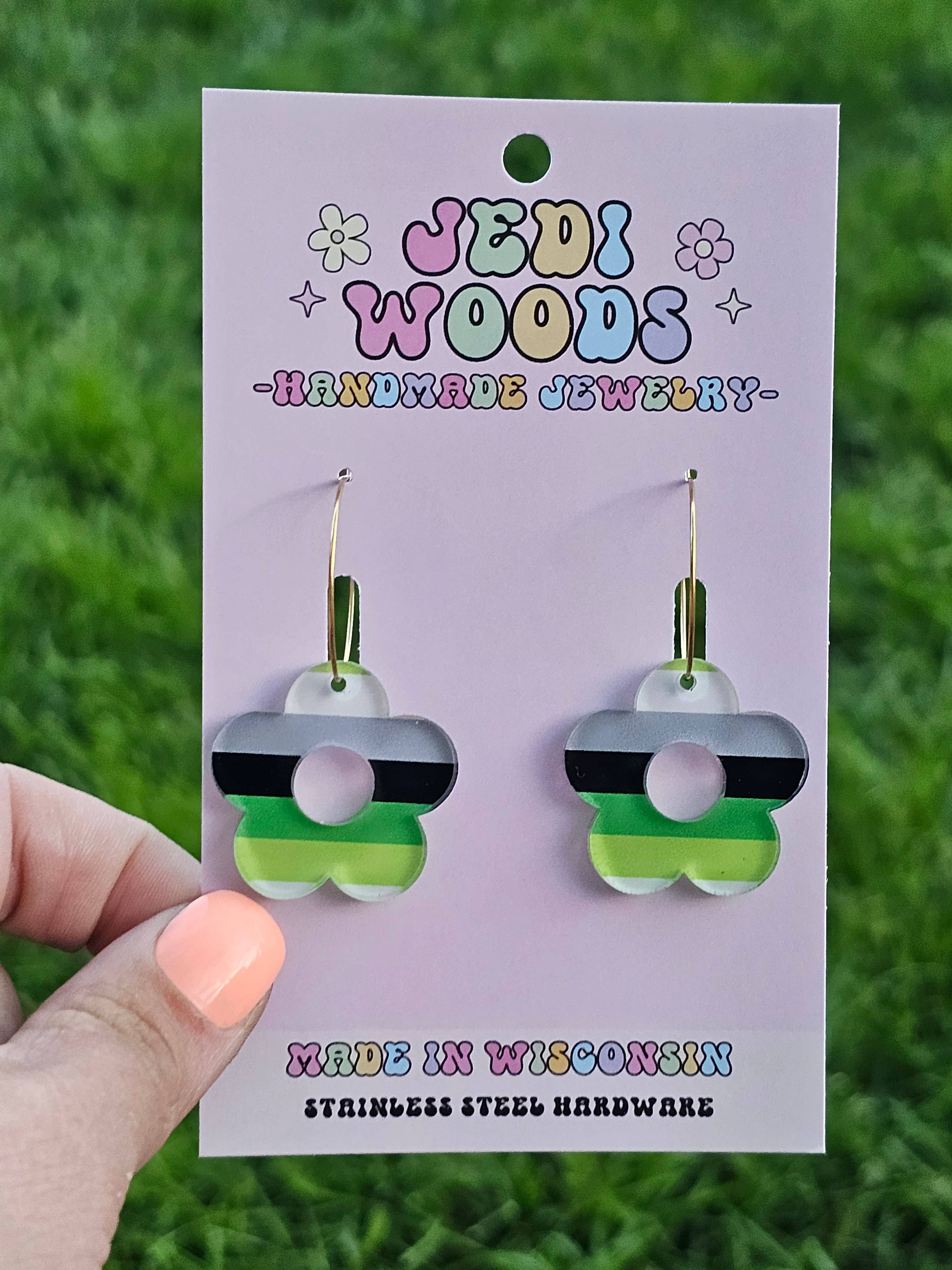 Jedi Woods LLC - Wholesale Dangle Earrings - Aromantic and Agender Pride Flag Flower Earrings1