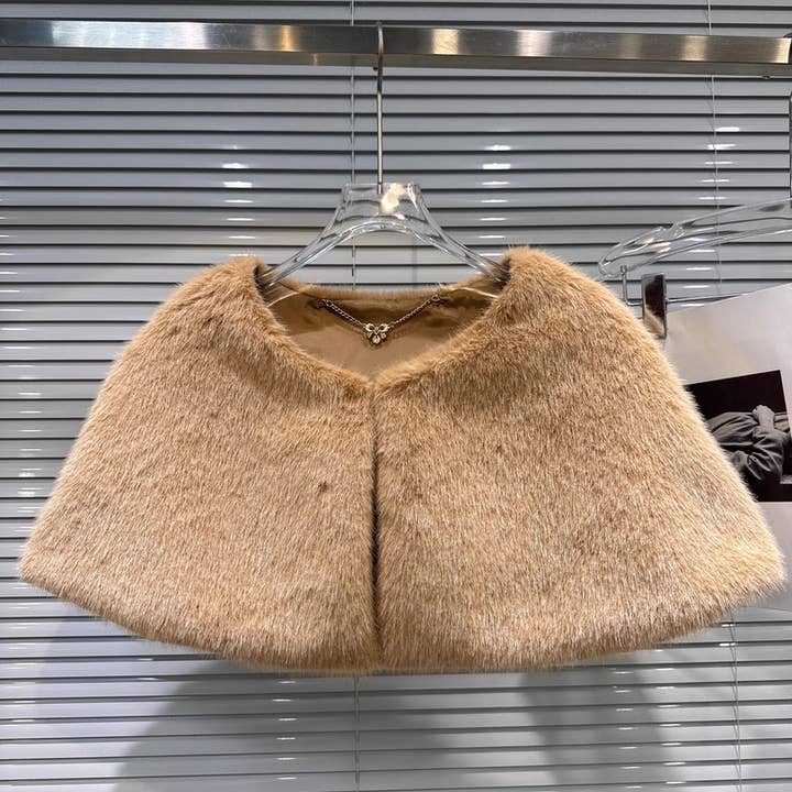 Khaki DR899 Winter Plush Cape and Pearl-Trim Bodycon Dress Set for wholesale on Faire7