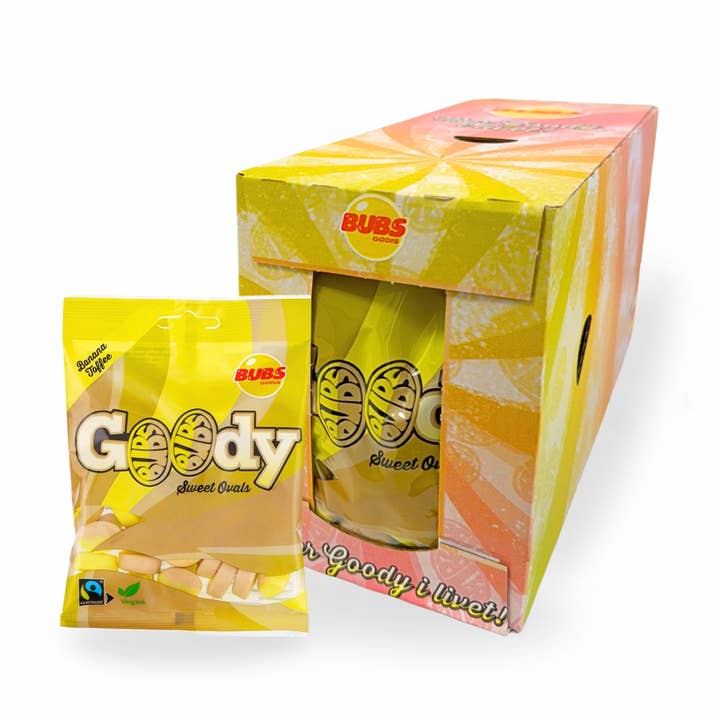 Bubs Banana & Toffee Goodie – 90g Bonbons Végans Suédois pour la vente par Nordicbangers - Swedish Candy Supply