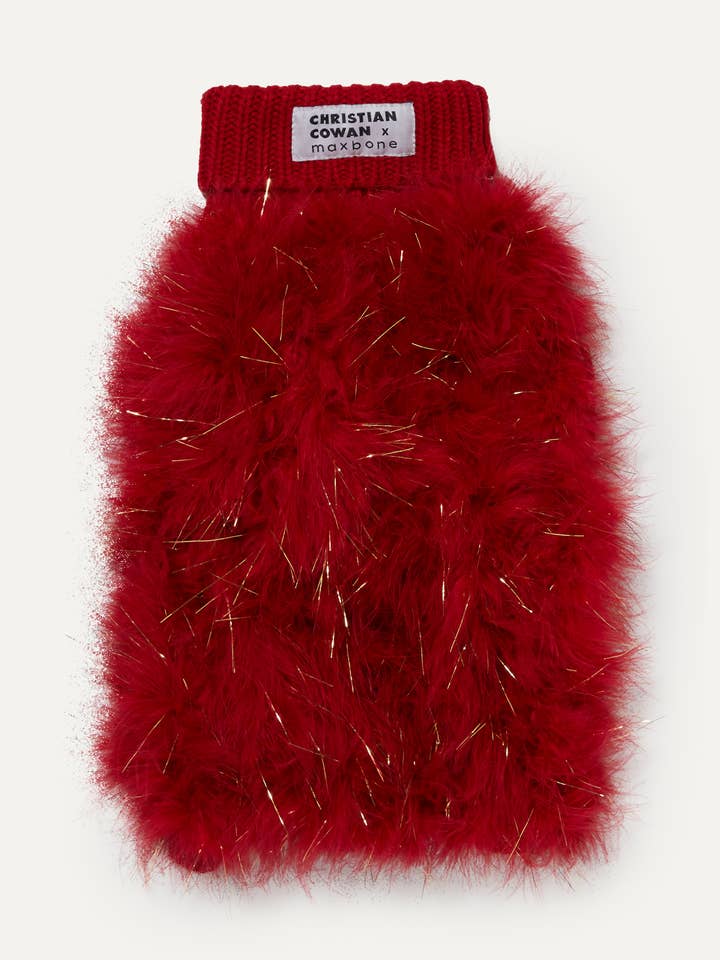Pull de fête Christian Cowan x maxbone avec plumes et paillettes pour chien pour la vente par maxbone