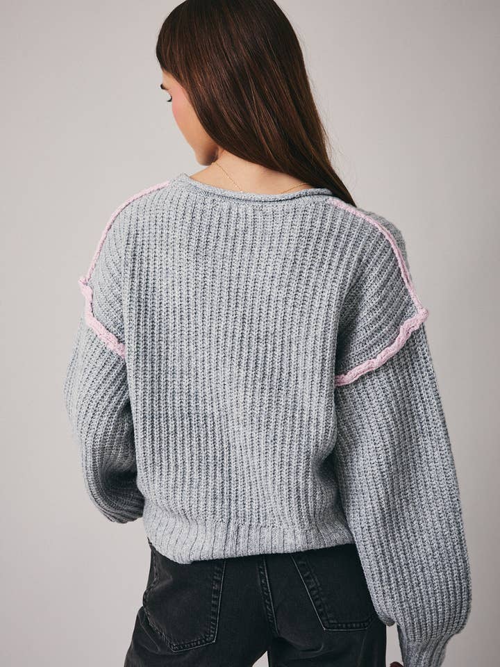 H GREY ROUND ROLL UP NECK LONG SLEEVE SLOUCHY FIT SWEATER for wholesale on Faire3