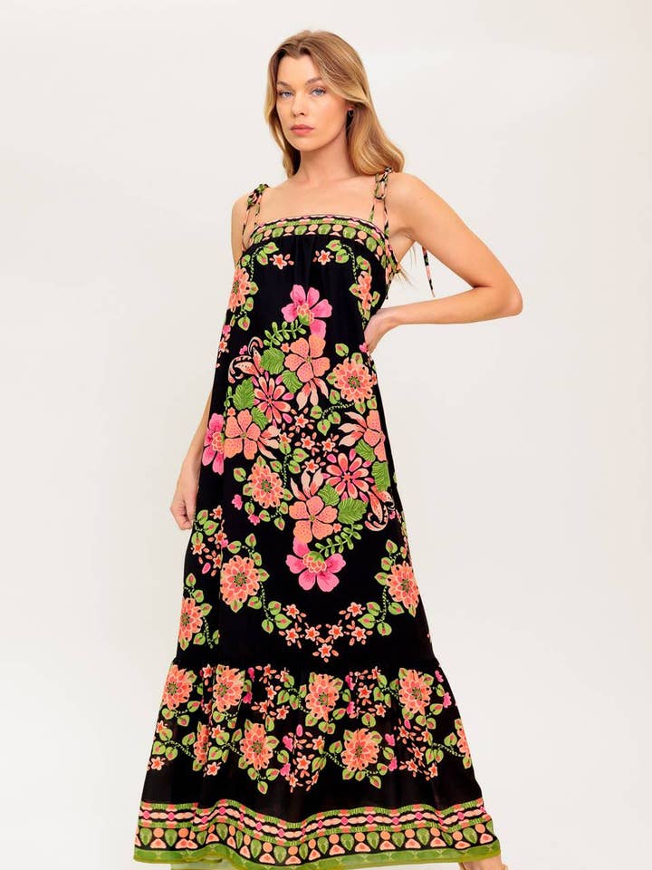 Vestido comprido estampado em tecido - ID22357 PRETO por atacado de FLYING TOMATO