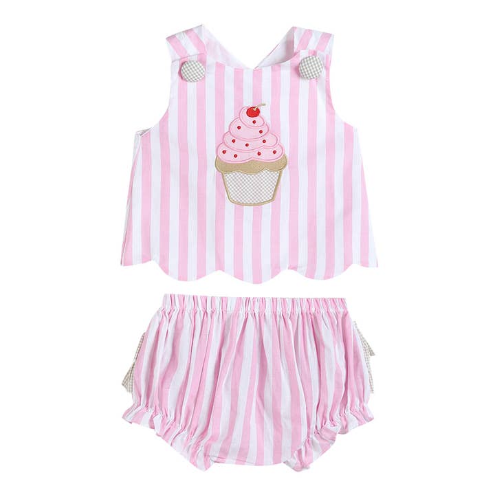 Lil Cactus - Wholesale Clothing Set - Baby - Pink Stripe Cupcake Applique Top & Bloomer Set