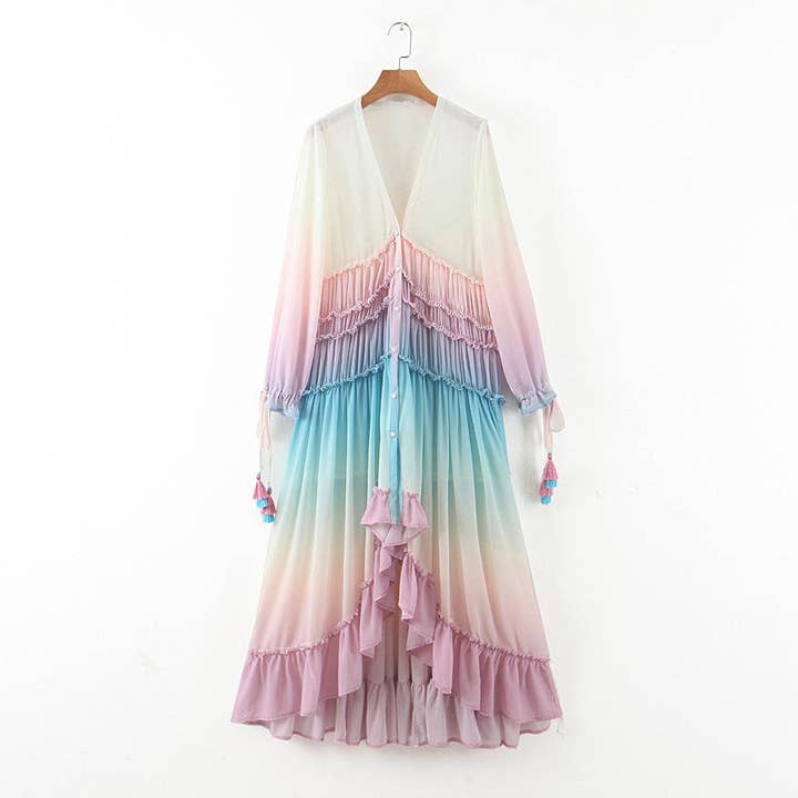 pinkblu02 - Wholesale Dress - Women's - Women's Fashion Gradient Color Ruffle Maxi Boho Dress