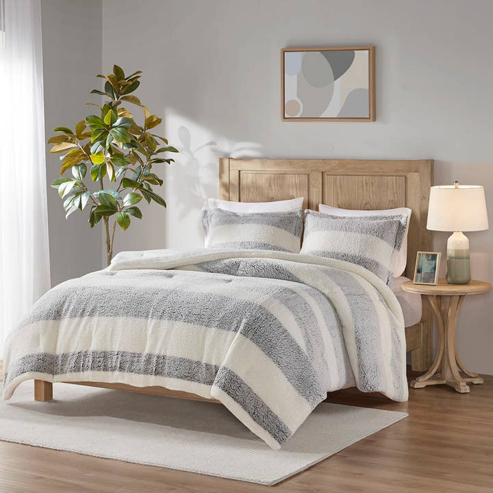 Stripe Farmhouse Sherpa Comforter Set, Gray/Ivory for wholesale by Olliix