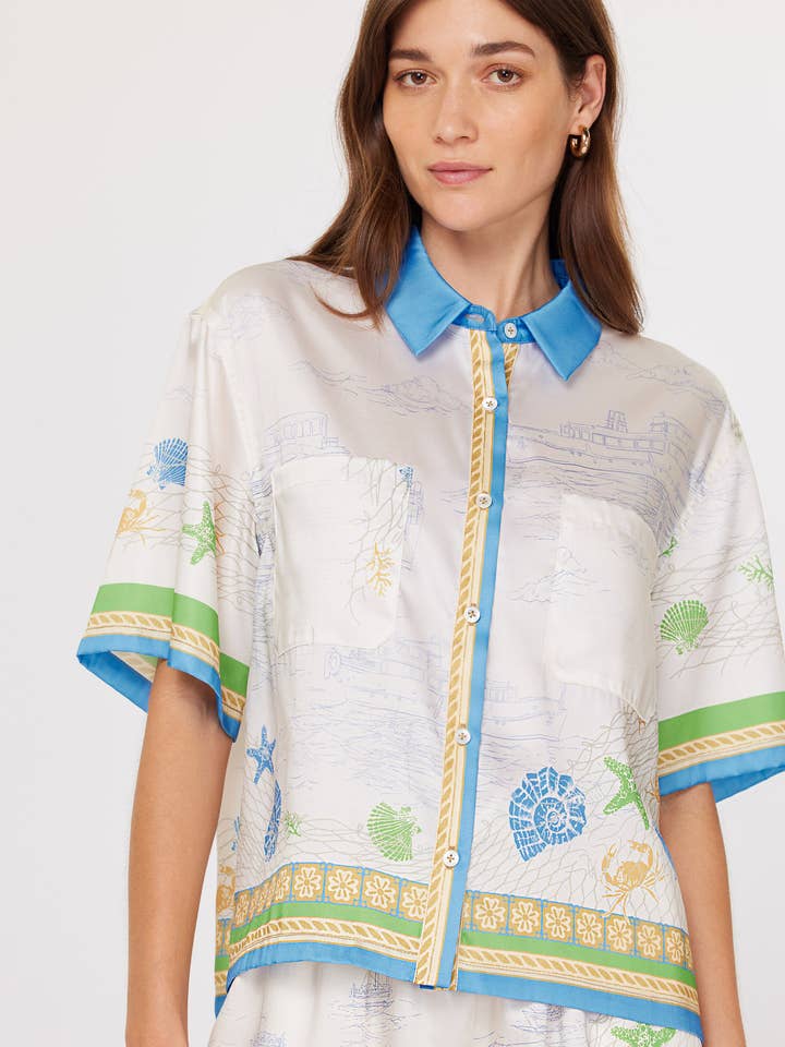 Blue Mlt Bordered Coastal Print Button Front Top for wholesale on Faire